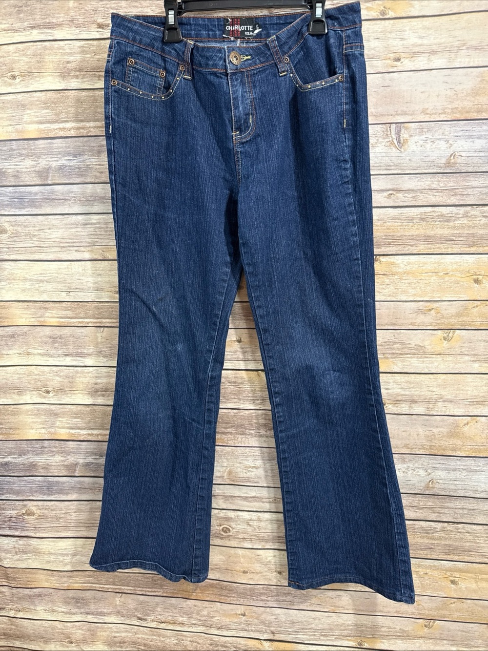 Charlotte USA Womens Bootcut Jeans Size 11/12 studded Blue Denim Medium Wash Y2K